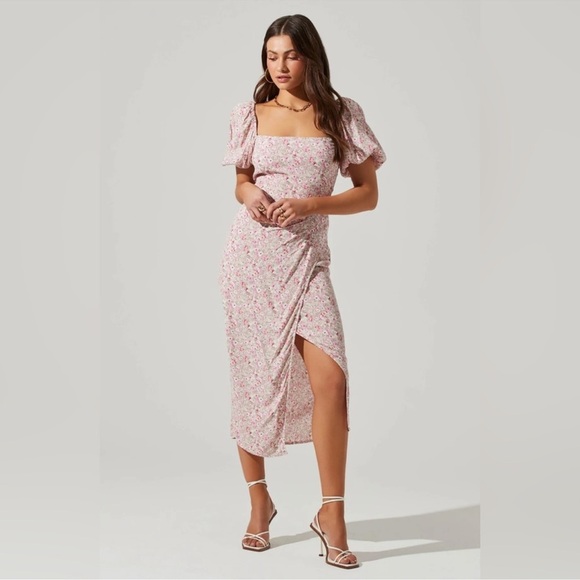 Astr Pink Floral Midi Dress with Puff Sleeves - Picture 1 of 9